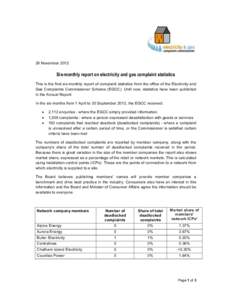 29 November[removed]Six-monthly report on electricity and gas complaint statistics This is the first six-monthly report of complaint statistics from the office of the Electricity and Gas Complaints Commissioner Scheme (EGC