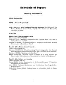 Schedule of Papers Thursday 22 NovemberRegistrationLunch (providedG01: Mihi Whakatau/Opening Welcome, Khyla Russell, Kai Tahu; Professor Geoff White, Deputy Vice-Chancellor (Research),