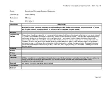 Retention of Corporate Business Documents – 2011–May–11  Topic: Retention of Corporate Business Documents