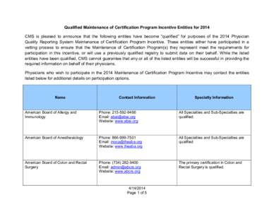 Qualified Maintenance of Certification Program Incentive Entities for 2014