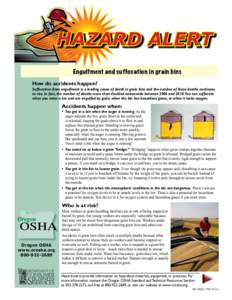 HAZARD ALERT Engulfment and suffocation in grain bins How do accidents happen? Suffocation from engulfment is a leading cause of death in grain bins and the number of these deaths continues to rise. In fact, the number o