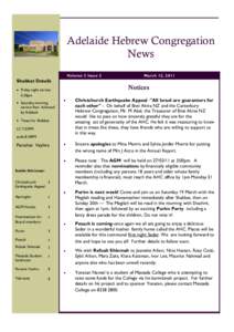 Adelaide Hebrew Congregation News Volume 3 Issue 2 March 12, 2011
