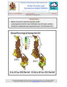 Department of Climate Change and Meteorological Services  10-day Weather and Agrometeorological Bulletin REPUBLIC OF MALAWI