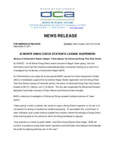 OFFICE OF PUBLIC AFFAIRS 1625 North Market Boulevard, Suite N-323, Sacramento, CA[removed]P[removed]F[removed] | www.dca.ca.gov NEWS RELEASE FOR IMMEDIATE RELEASE