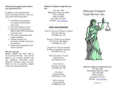 What kinds of support and assistance can I get from DVLS? In addition to the satisfaction that comes from doing pro bono work, you also get the following benefits:  Free Professional Liability