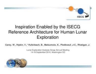 Inspiration Enabled by the ISECG Reference Architecture for Human Lunar Exploration Carey, W., Hipkin, V.,* Hufenbach, B., Matsumoto, K., Piedboeuf, J-C., Rhatigan, J. Lunar Exploration Analysis Group Annual Meeting 14-1
