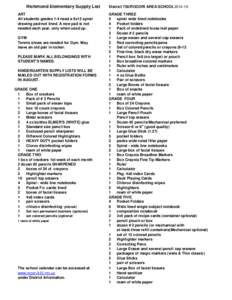 Richmond Elementary Supply List ART All students grades 1-4 need a 9x12 spiral drawing pad-not lined. A new pad is not needed each year, only when used up. GYM