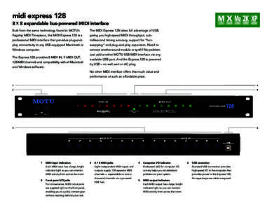 midi express[removed]x 8 expandable bus-powered MIDI interface Built from the same technology found in MOTU’s The MIDI Express 128 takes full advantage of USB,