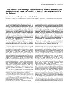 The Journal of Neuroscience, June 15, 1997, 17(12):4752– 4763  Local Release of GABAergic Inhibition in the Motor Cortex Induces Immediate-Early Gene Expression in Indirect Pathway Neurons of the Striatum Sabina Berret