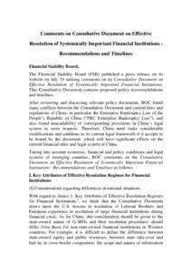 Comments on Consultative Document on Effective Resolution of Systemically Important Financial Institutions - Recommendations and Timelines