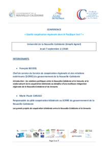 CONFERENCE « Quelle coopération régionale dans le Pacifique Sud ? » Université de la Nouvelle-Calédonie (Amphi Agniel) Jeudi 7 septembre à 13h30