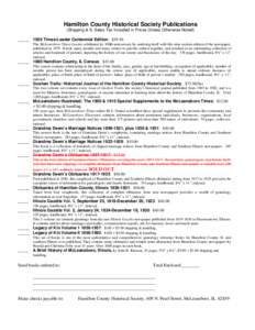 Hamilton County Historical Society Publications (Shipping & IL Sales Tax Included in Prices Unless Otherwise Noted) _____ 1955 Times-Leader Centennial Edition: $39.50 The McLeansboro Times-Leader celebrated its 100th ann