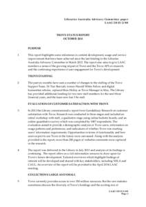 Libraries Australia Advisory Committee paper LAAC[removed]TROVE STATUS REPORT OCTOBER 2013 PURPOSE