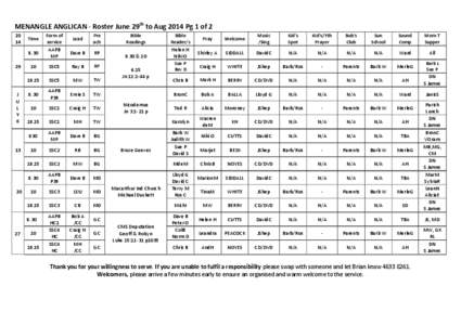 MENANGLE ANGLICAN - Roster June 29th to Aug 2014 Pg 1 of[removed]