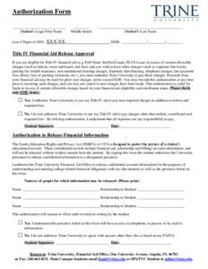 Authorization Form ____________________________ Student’s Legal First Name Last 4 Digits of SSN:  _________