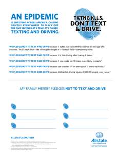 AN EPIDEMIC IS SWEEPING ACROSS AMERICA. CAUSING DRIVERS EVERYWHERE TO BLACK OUT FOR FIVE SECONDS AT A TIME. IT’S CALLED  TEXTING AND DRIVING.