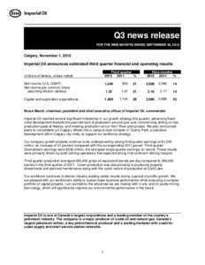 Q3 news release FOR THE NINE MONTHS ENDED SEPTEMBER 30, 2012 Calgary, November 1, 2012  Imperial Oil announces estimated third quarter financial and operating results