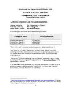 Countryside and Rights of Way (CROW) Act 2000 REVIEW OF STATUTORY DIRECTIONS SUMMARY FOR PUBLIC CONSULTATION Prepared by Natural England  1. INFORMATION ABOUT THE PUBLIC CONSULTATION