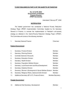TO BE PUBLISHED IN PART II OF THE GAZETTE OF PAKISTAN  NoPIIGovernment of Pakistan Finance Division (PRSP Secretariat)