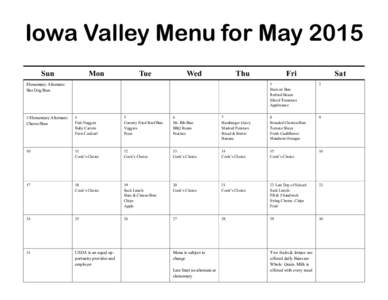 Iowa Valley Menu for May 2015 Sun Mon  Tue