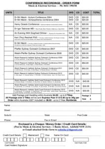 CONFERENCE RECORDINGS - ORDER FORM Music & Electron Services - Ph: UNITS TITLE