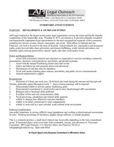 1121 MISSION STREET, SAN FRANCISCO, CALIFORNIAFRANKLIN STREET, SUITE 410, OAKLAND, CALIFORNIAINTERNSHIP ANNOUNCEMENT POSITION: