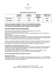 Standard Room tariffStandard double/twin Superior double/twin