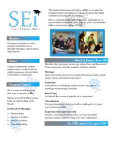 The Student Entrepreneur Institute (SEI) is a catalyst for student entrepreneurship, providing education that helps students start and grow businesses. SEI is a program of the Gilbert Chamber of Commerce, in partnership 
