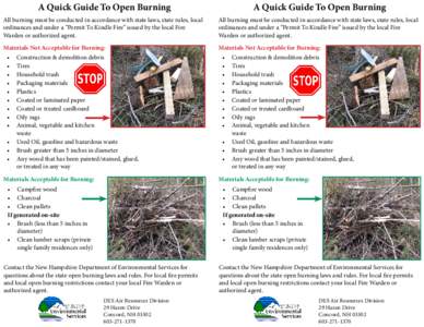 A Quick Guide To Open Burning  A Quick Guide To Open Burning All burning must be conducted in accordance with state laws, state rules, local ordinances and under a “Permit To Kindle Fire” issued by the local Fire