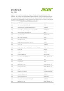 Smelter List Mar 2014 As part of Acer’s conflict minerals due diligence efforts, we have published a list of the tantalum, tin, tungsten and gold smelters/refiners that have been confirmed to be present in our supply c