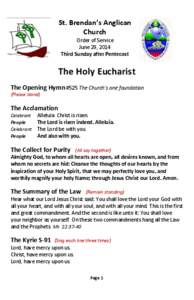 St. Brendan’s Anglican Church Order of Service June 29, 2014 Third Sunday after Pentecost