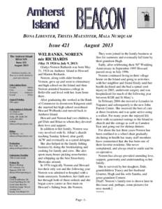 BONA LIBENTER, TRISTIA MAESTITER, MALA NUMQUAM  Issue 421 The Amherst Island BEACON Issue 421