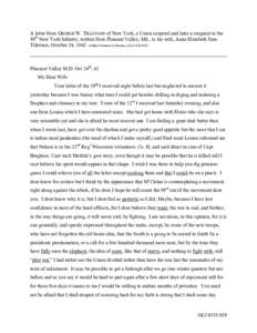 A letter from GEORGE W. TILLOTSON of New York, a Union corporal and later a sergeant in the 89th New York Infantry, written from Pleasant Valley, Md., to his wife, Anne Elizabeth June Tillotson, October 24, 1862 (Gilder 