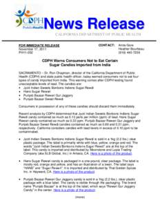News Release CALIFORNIA DEPARTMENT OF PUBLIC HEALTH CONTACT: FOR IMMEDIATE RELEASE November 17, 2011
