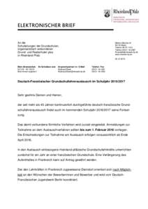 An die Schulleitungen der Grundschulen, organisatorisch verbundenen Grund- und Realschulen plus in Rheinland-Pfalz