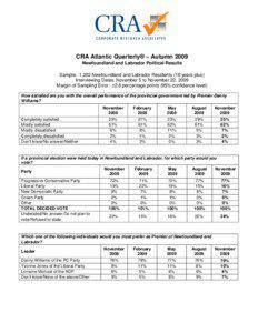 CRA Atlantic Quarterly® – Autumn 2009 Newfoundland and Labrador Political Results Sample: 1,202 Newfoundland and Labrador Residents (18 years plus)