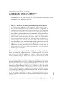 Marlou Schrover and Marijke van Faassen  InvIsIbIlIty and selectIvIty Introduction to the special issue on Dutch overseas emigration in the nineteenth and twentieth century