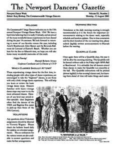 The Newport Dancers’ Gazette Newport Dance Week Editor: Katy Bishop, The Commonwealth Vintage Dancers Volume IX, Number 2 Monday, 12 August 2002