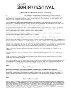 2007 Calgary Fringe Festival Volunteer Waiver; Indemnity, Conduct, and Consent