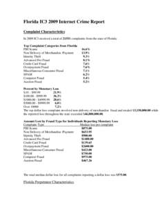 Florida IC3 2009 Internet Crime Report Complaint Characteristics In 2009 IC3 received a total of[removed]complaints from the state of Florida. Top Complaint Categories from Florida FBI Scams Non Delivery of Merchandise /Pa