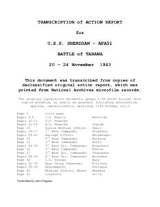 TRANSCRIPTION of ACTION REPORT for U.S.S. SHERIDAN – APA51 BATTLE of TARAWA 20 – 24 November