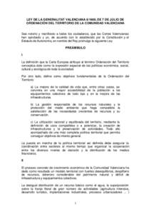 LEY DE LA GENERALITAT VALENCIANA[removed], DE 7 DE JULIO DE ORDENACIÓN DEL TERRITORIO DE LA COMUNIDAD VALENCIANA