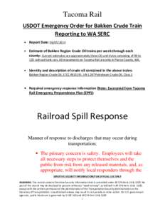 Tacoma Rail USDOT Emergency Order for Bakken Crude Train Reporting to WA SERC   Report Date: [removed]