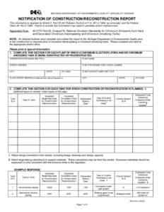 MICHIGAN DEPARTMENT OF ENVIRONMENTAL QUALITY, AIR QUALITY DIVISION  NOTIFICATION OF CONSTRUCTION/RECONSTRUCTION REPORT This information is required by Article II, Part 55 (Air Pollution Control) of P.A. 451 of 1994, as a