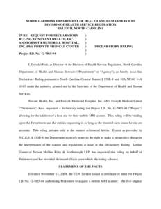 NC DHSR: Declaratory Ruling for Novant Health, Inc. and Forsyth Memorial Hospital, Inc.