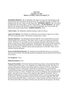 MINUTES September 16, 2015 Thomas J. Peachey Center, Front Royal, VA MEMBERS PRESENT: Mr. Tom Brubaker, Ms. Rebecca Cooper, Ms. Joan Richardson, Ms. Suetta Freeman, Ms. Gina Stetter, Mr. Ryan Clouse, Rev. David Howard, M