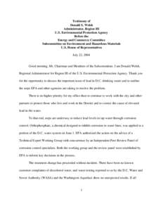 EPA: OCIR: Testimony of Donald S. Welsh, Administrator, Region III, USEPA, July 22, 2004