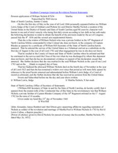 Southern Campaign American Revolution Pension Statements Pension application of William Nichols R7654 Martha fn18NC Transcribed by Will Graves State of South Carolina, Sumter County