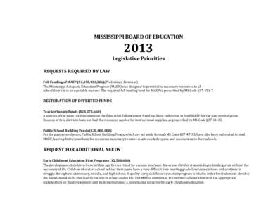 MISSISSIPPI BOARD OF EDUCATION[removed]Legislative Priorities REQUESTS REQUIRED BY LAW Full Funding of MAEP ($2,355,931,306)(Preliminary Estimate )