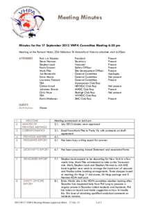 Meeting Minutes  Minutes for the 17 September 2013 VHPA Committee Meeting 6:30 pm Meeting at the Retreat Hotel, 226 Nicholson St Abbotsford Victoria schedule start 6:30pm ATTENDEES
